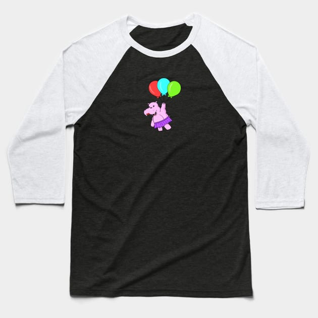 Cute Cartoon Hippo Flying With Balloons Baseball T-Shirt by Braznyc